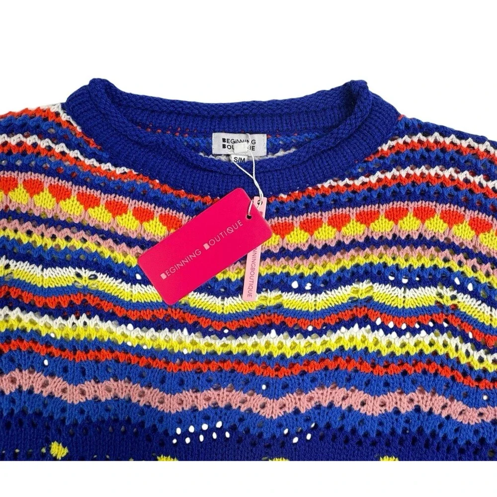 NWT Crochet Open Knit Colorful Striped Sweater Boho Beginning Boutique S/M